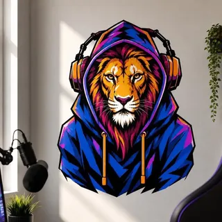 Decords Wandtattoo – bunter Gamer-Löwe mit Kapuzenpullover, 240 cm