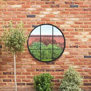 MirrorOutlet The Circulus – Massiver schwarzer Metallrahmen, moderner runder Garten-Wandspiegel, 80 cm x 80 cm, silberfarbenes Spiegelglas mit schwarzer Allwetter-Rückseite.