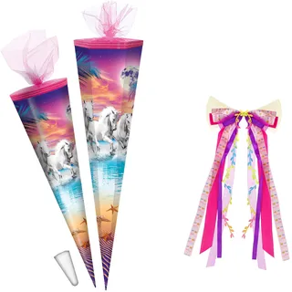 alles-meine.de GmbH Schultüte - mit 3D Glitzer - Effekt ! - Pferde am Strand - 50-85 cm - Größe wählbar - + Kunstoff Spitze + Schleife - Tüllabschluß - eckig - rund - Mädchen -..