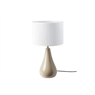 Taupefarbene Tischlampe aus glänzender Keramik und Lampenschirm aus weißem Plissee-Stoff H49 cm TROIA