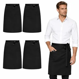 4 Stück Vorbinder Schürze, 70×70 cm Schwarz mit Taschen Kellnerschürze | Servierschürze Kochschürze Schürzen Grillschürze, Herren Damen Küche Kochen Garten BBQ Cafe - 70 × 70 cm