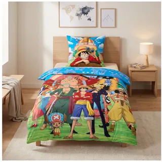 MTOnlinehandel Bettwäsche One Piece 135x200 cm Ruffy & Strohhutbande, Mikrofaser, 2 teilig, coole Wendebettwäsche für Mädchen und Jungen Anime – und Manga-Fans blau|bunt