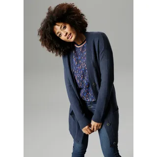 Longstrickjacke ANISTON SELECTED, Damen, Gr. 46, blau (marine), Strick, Obermaterial: 74% Polyacryl, 23% Nylon, 3% Elasthan, unifarben, Basic, lässig geschnitten ca. Mitte Oberschenkel, tiefer V-Ausschnitt, Rippstrickbündchen, Strickjacken Longstrickjacke, mit aufgesetzen Taschen