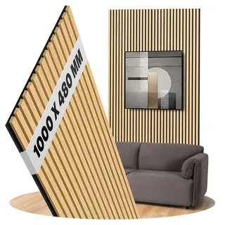 Akustikpaneele Eiche Natur Hell Wandpanelle Filz Schwarz, Oberfläche: Echtholz Format: 1000 x 480 mm - Akustikpaneele als Wandverkleidung aus Holz - Lamellenbreite: 27 mm (Eiche Natur Hell)