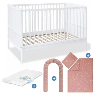 Pinolino Babybett-Komplett-Set Carla Buche teilmassiv lackiert 3-fach höhenverstellbar, 3 Schlupfsprossen inkl. Bettwäsche, Bettschlange & Matratze 70 x 140 cm - Pusteblume - Weiß