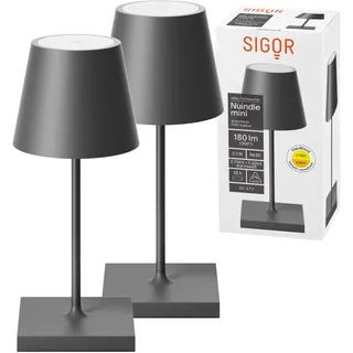 SIGOR 2 Stück Nuindie 2.0 mini - Dimmbare kleine LED Akku-Tischlampe Indoor & Outdoor, IP54 spritzwassergeschützt, Höhe 25 cm, aufladbar mit USB-C, 12 h Leuchtdauer, graphitgrau