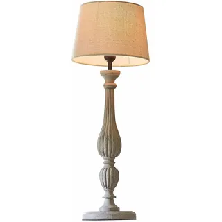 LOBERON Tischlampe Zepinal ,  antikgrau/creme | Kunstvoll gedrechselter Holzfuß, Stoffschirm mit Leinen, Klassisch-elegantes Design