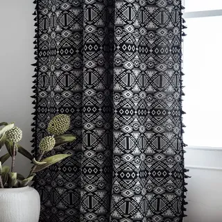 BHUSB Boho Geometrische Halbverdunkelungsvorhänge für Schlafzimmer, Bauernhaus, Raumdekoration, Vorhänge, 2 Paneele, schwarz-weiß, Jute-Leinen-Vorhänge, Stangentasche für Wohnzimmer, Quaste, 132 x 213