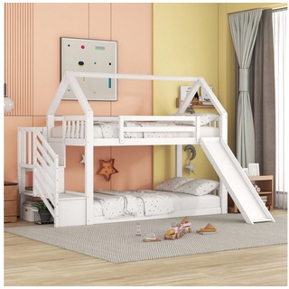 REDOM Bett Etagenbett Hausbett, Kinderbett mit Geländer (mit Stauraumtreppe und Rutsche, 90x200cm), Ohne Matratze weiß