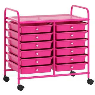 COSTWAY Rollwagen mit 12 stapelbaren Schubladen, Rollcontainer mit Metallrahmen und Ablage, 64 x 38 x 62 cm (Pink)