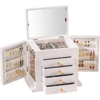 ProCase Schmuckkästchen Schmuckaufbewahrung Holz Schmuckschatulle mit 5 Ebenen Schmuckkasten Schmuckbox Schmuck Organizer mit Spiegel, Schubladen für Ringe, Ohrringe - Weiß