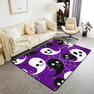 feelingyou Happy Halloween Teppich 150x200cm, Gothic Style Ghost White Black Kids Anti-Rutsch Dekorative Indoor Matte, Spider Web Print Purple für Wohnzimmer Spielzimmer Bedside für Erwachsene