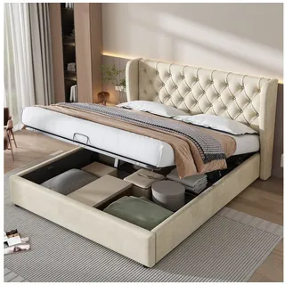 Odikalo Polsterbett Doppelbett mit Bettkasten & Lattenrost Mehrfarbig (140x200 160x200 180x200 180x190 Polsterbett Ohrenform Samtstoff Große Knopfnähte Doppelbett, Hydraulisches Funktionsbett mit Lattenrost und Stauraum, Bettunterseite ist mit einem schmutzabweisenden schwarzen Vliesstoff) weiß 160 cm x 200 cm