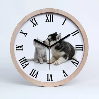 Tulup Holzuhr ⌀ 25cm Wanduhr Uhr Holz Dekoration Modern Runde Stille Uhren Schwarze Uhrzeiger - Hund und Katze