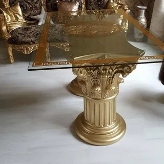 Goldo Esstisch Glastisch, Säulentisch, Designertisch Wohnzimmertisch Kanzleitisch, Praxistisch 100% Handgefertigt Antik Stil Retro Medusa Mäander - Gold