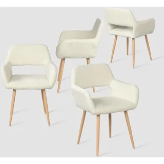 MEUBLE Cosy Esszimmerstühle 4er Set Küchenstühle Sessel Wohnzimmerstuhl Polsterstuhl mit Armlehne Rückenlehne Sitzfläche aus Sherpa Metallbeine, Skandinavisch, Weiß