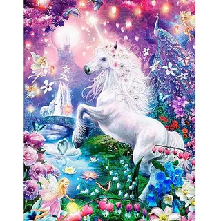 SHEGZHUC Diamond Painting Einhorn Blumen 40x50 cm - Kinder und Erwachsene Diamant Painting Glitzer Landschaft Bilder