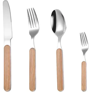 Besteck aus Edelstahl Hochwertiges Edelstahl-Küchenbesteckset (1-4-teilig) mit eleganten Holzgriffen, bestehend aus Messer, Gabel und Löffel, silberfarben