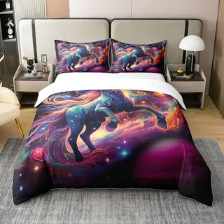 richhome Dreaming Einhorn Bettwäsche Set Starry Planets Bettbezug Set Lila Galaxy Bettbezug Magical Animal Bettbezug 155x220 100% Baumwolle
