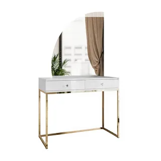 ALLHOUSE24 Schminktisch BUENO MOND Metallgestell Gold Kosmetiktisch Halbmond Spiegel Led (1x Konsolentisch, 1x Spiegel mit LED Beleuchtung), Breite 100 cm weiß