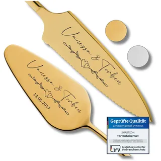 SMARTEON Tortenheber inkl. Tortenmesser im Set mit persönlicher Gravur als Geschenk zur Hochzeit, Jahrestag, Geburtstag - Hochzeitsgeschenke für Brautpaare - Goldfarbenes Set in Geschenkbox