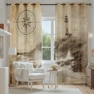 Leuchtturm Verdunkelungsvorhange 2er Set, Retro Nautisch Kompass Vorhänge Wohnzimmer 137x117 cm Maritim Küste Landschaft Gardine Blickdicht Schallschutz Thermovorhang mit Ösen Fensterdekoration