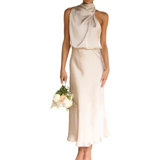 LCDIUDIU Damen Kleider Sommer,Damen-Midikleider Aus Satin, Elegant, Fest, Neckholder, Ärmellos, Sommermode, A-Linie, Fließende Swing-Sommerkleider, Party-Cocktail, Sexy Maxikleider Mit Reißverschluss