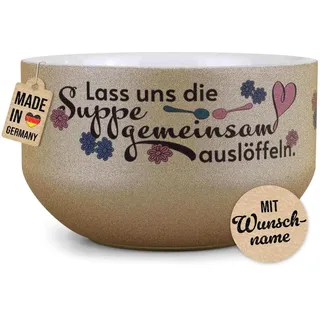 Print Royal PR Glitzer Müslischale mit Namen selbst gestalten - Suppe gemeinsam auslöffeln - Geschenk zur Hochzeit, Valentinstag, Paare - Personalisierte Geschenke, Keramik, Gold 500 ml