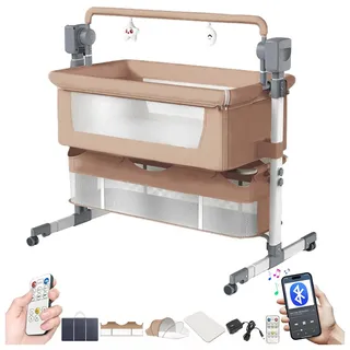 Magic ZC Elektrische Bluetooth Intelligent Beistellbett Baby mit Rollen, Faltbar Co-Sleeping Babybett, Fernbedienung und 5-schwankende Zahnräder, Stubenwagen Kleinkind Wiege mit Musik (601 Brown)