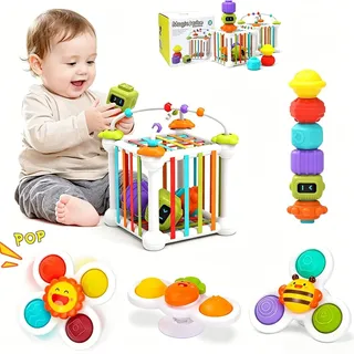 Jokooan Montessori Spielzeug für Babys(12 Stück), Motorikwürfel Lernspiele Spielzeug für Kleinkinder ab 1-3 Baby Spielzeug Formensortierspiel, mit 3 Saugnapf Kreiseln und 6 Multisensorische Form