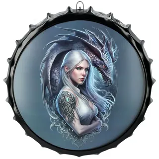 Figuren Shop GmbH Wanddekoobjekt Blechschild Kronkorken - Drachen Kriegerin - Fantasy Wandschild Elfe bunt