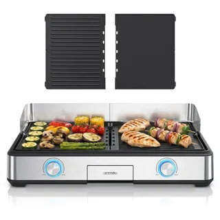 Arendo Tischgrill Gourmet Edelstahl Elektrogrill, 2 Grillzonen, elektrisch, Spritzschutz, 2800 W, Antihaftbeschichtung, Temperaturregelung, für Balkon, Garten & Indoor schwarz