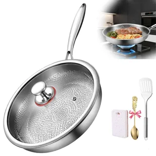 Zoefun Titan Pfanne, Titanpfanne Hammered Pan Pro mit Deckel, Titan bratpfanne,Verdickt, ultra-haltbar, Premium Uncoated Titanium Bratpfanne für die Küche Kochen (Inklusive Deckel-26CM)