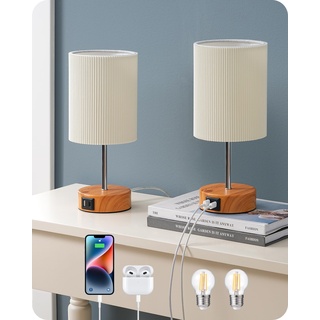 EDISHINE LED Nachttischlampe Touch Dimmbar 2er Set, Tischlampe Modern, Kleine Lampe, mit Ladefunktion, 2 USB Anschlüsse, mit Kabel, für Schlafzimmer, Wohnzimmer, Fensterbank, Geschenk, Holzoptik