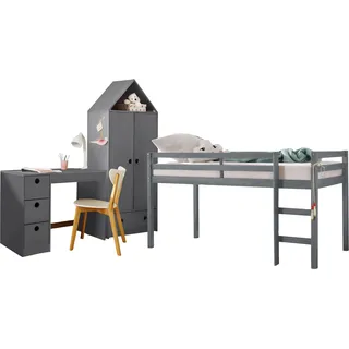 Jugendzimmer-Set LÜTTENHÜTT "Alpi" Schlafzimmermöbel-Sets grau Baby Komplett-Kinderzimmer Hochbett, Schreibtisch und Kleiderschrank in Hausoptik, platzsparend