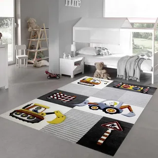 Teppich-Traum Kinderzimmer Teppich Spielteppich Baustelle Kran Bagger Straßenschilder grau Creme gelb, Größe 200 x 290 cm