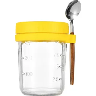 350 ml Overnight Oats Becher mit Löffel und Deckel, auslaufsicherer Frühstücksbehälter aus Glas für Haferflocken, Salat, Joghurt, umweltfreund... - Gelb