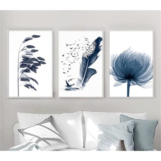 TROYSINC 3er Blau Pflanze Poster Set, Stilvolle Wandbilder, Ohne Rahmen Poster, Moderne Einfach Bilder Wanddeko (40 x 50 cm)