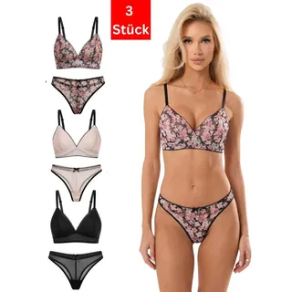 Elegant Love Set: Bügelloser BH Dessous-Set aus Spitze – Romantisches Bralette & String (Set, 2-tlg., mit Tanga, 3-er Pack) Cami-BH & Slip – Komfortables Unterwäsche-Set bunt L