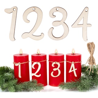 BETESSIN Adventszahlen 1-4 Adventskranz Zahlen Holz 1 2 3 4 für Kerzen Kerzenhalter 1 2 3 4 Holz Anhänger Deko Kerzenstecker Weihnachten Kerzen Dekoration Adventsdeko B