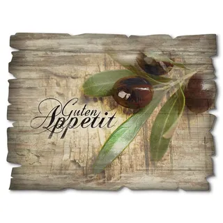 ARTland Wanddeko Bild aus Holz Holzbild vintage Deko 40x30 cm Querformat Essen Oliven Toskana Guten Appetit Mediterran Braun H6ZI