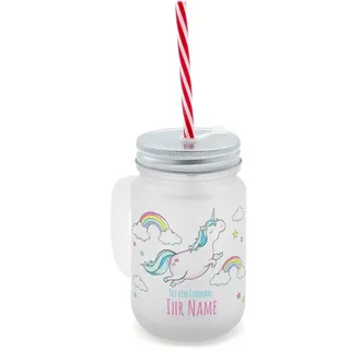 printplanet® - Trinkglas mit Henkel und Strohhalm - personalisiert mit Namen - Motiv Dickes fliegendes Einhorn - Henkel-Glas satiniert mit Deckel und Mehrweg-Trinkhalm