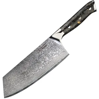Tsume Chai Dao Hackbeil Messer Carbon Gold, Klingenlänge 18cm, Echtes Damast Küchenmesser mit Karbonfasern und Blattgold, 67 Schichten VG10 Edelstahlkern mit Kunstharz Handgriff, Rasiermesserscharf