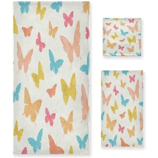 Bunte Schmetterlinge Handtuchset für Badezimmer 100% Baumwolle(1 Badetuch & 1 Handtuch & 1 Waschlappen) Geruchsresistente hochsaugfähige Handtücher für Mädchen Kinder