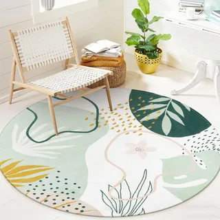 Lahome Boho-Teppich, rund, waschbar, rutschfest, klein, rund, weich, niedlich, rund, kein Ausfallen, leichter Badezimmerteppich, grüner botanischer Druck, Kreisteppich für Schlafzimmer, Schlafsaal,