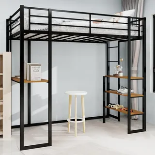 Hochbett mit Schreibtisch 90x200 cm, Stabiles Etagenbett aus Metall für Kinder und Jugendliche, Jugendbett mit Rausfallschutz und Leiter, L-förmiger Tisch, Platzsparendes Loftbett (Schwarz, Stil B)