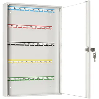 LEOMAR Schlüsselschrank, Schlüsselkasten mit 50 Haken, Schlüsselbox aus Stahlblech mit Glastüren, mit Festen Hakenleisten, Organizer zur Wandbefestigung, Abschließbar, 6 x 35 x 52 cm