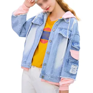 Jeans Jacken Für Damen,Lose Gewaschene, Zerrissene Jeansjacke Mit Kapuze Für Damen, Lässige Cargo-Patchwork-Rosa-Fake-Two-Jeansjacke, Mantel, Boyfriend-Jacke, Cardigan, Parka-Overcoat Für Den He
