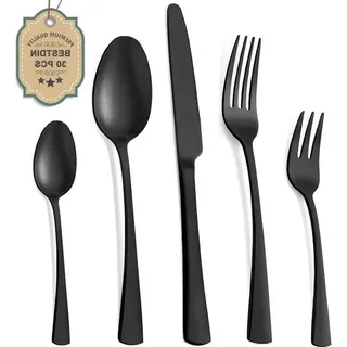 30-teiliges Besteckset Für 6 Personen - Edelstahl, Matt Schwarz - Messer, Gabel, Löffel - Spülmaschinenfest.