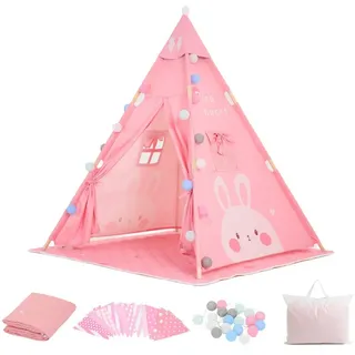 SEHAUSEU Spielzelt Tipi-Zelt Kinderzelt Spielhaus mit Bodenmatte,Lichterkette,Wimpelkette rosa